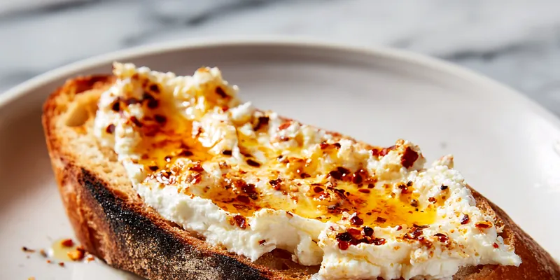 Green ceramic bowl filled with white whipped Boursin dip, drizzled with golden hot honey and chili flakes, surrounded by bread