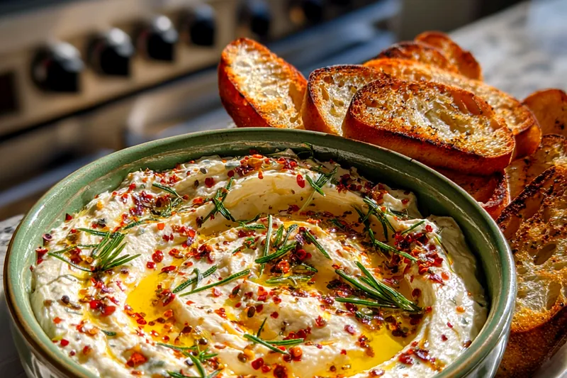 Ingredients for whipped boursin dip including foil cheese packages, honey jar, chili flakes, and rosemary on a marble counter