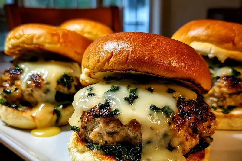Golden brown chicken burgers cooking in a skillet with white cheddar cheese just beginning to melt over the sides