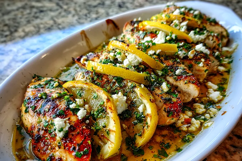 Chef Mitchell cooking Zesty Greek Chicken Delight in a skillet, showcasing the golden-brown chicken pieces.